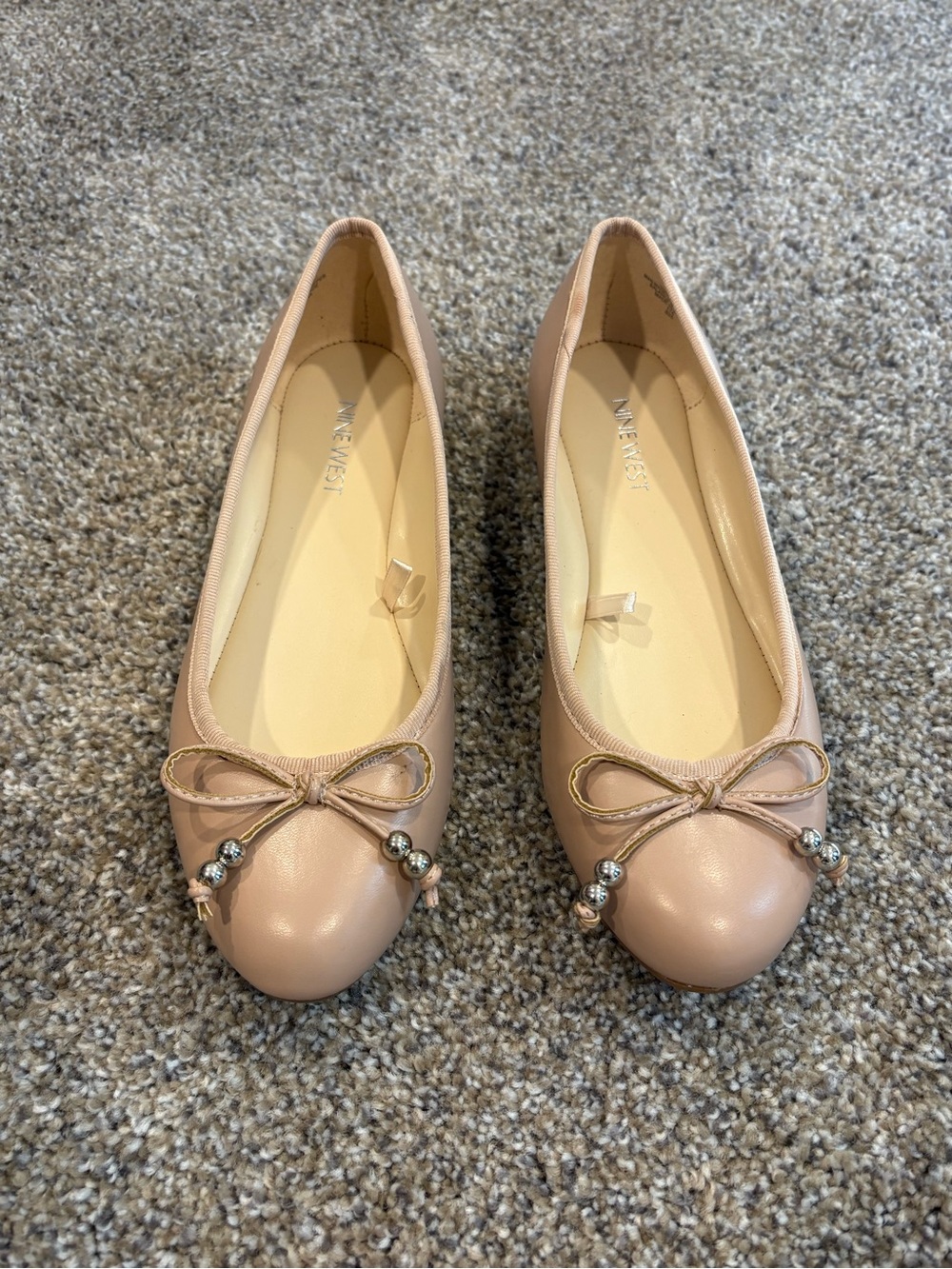 Nine West Blush Pink Ballet Flats with Bow and Bead Detail